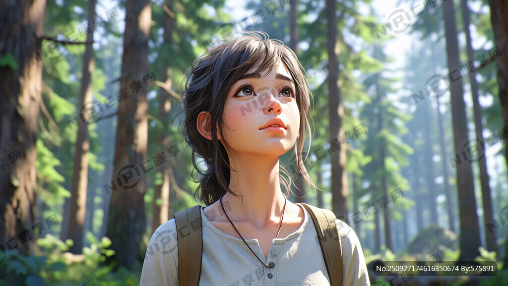 近景一位女生上半身一脸享受森林