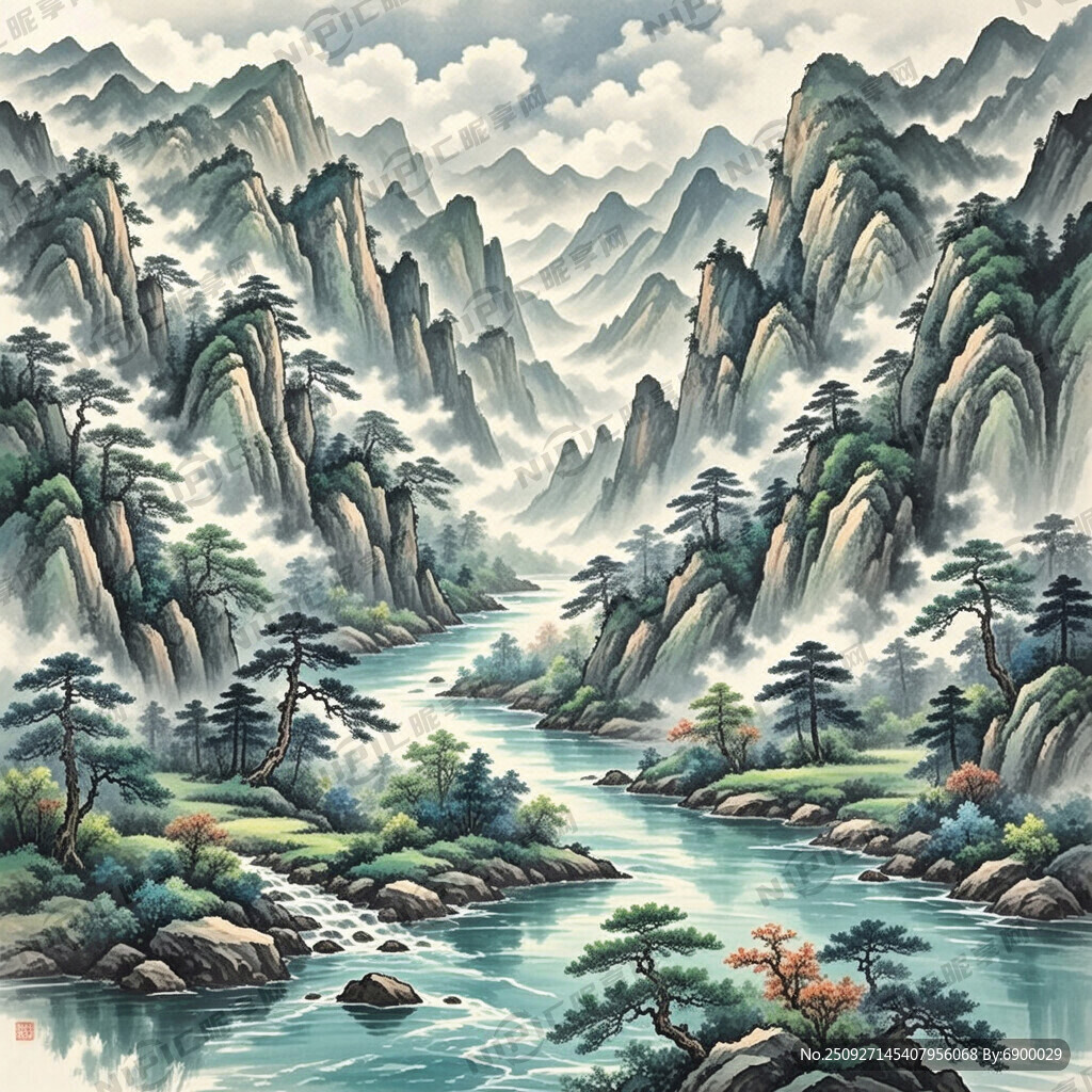山谷 中国风 中国画 山水