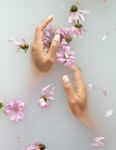 手抚水中落花的唯美画面
