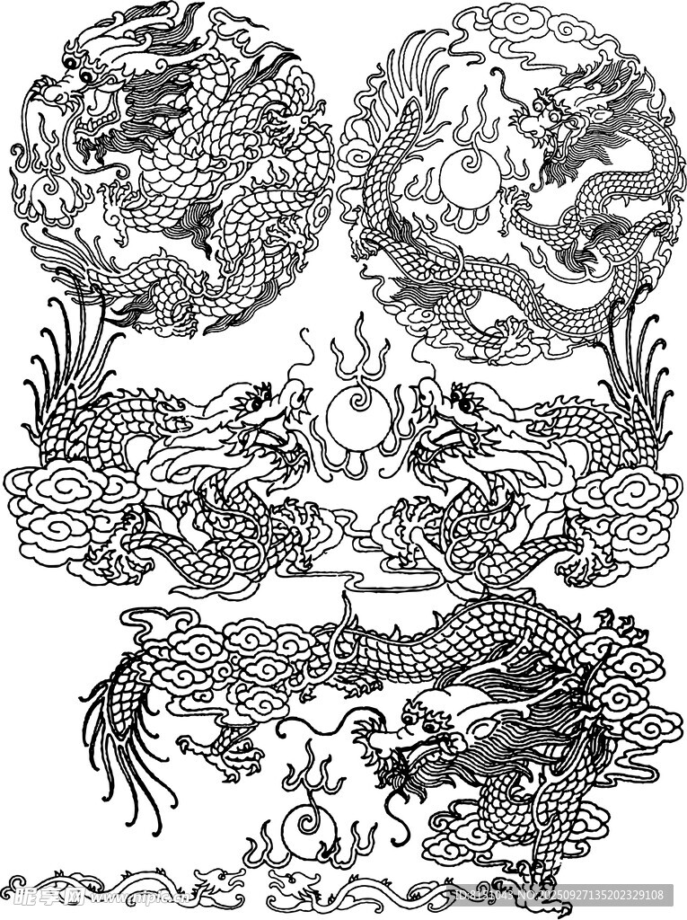 传统龙凤图案黑白线稿