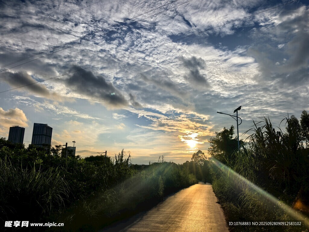 夕阳下的小径与城市天际线
