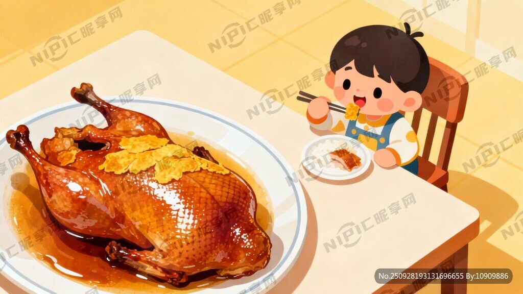 吃饭的小孩旁边有烧鸭