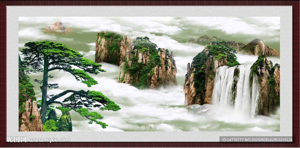 山水国画中的壮丽瀑布景观