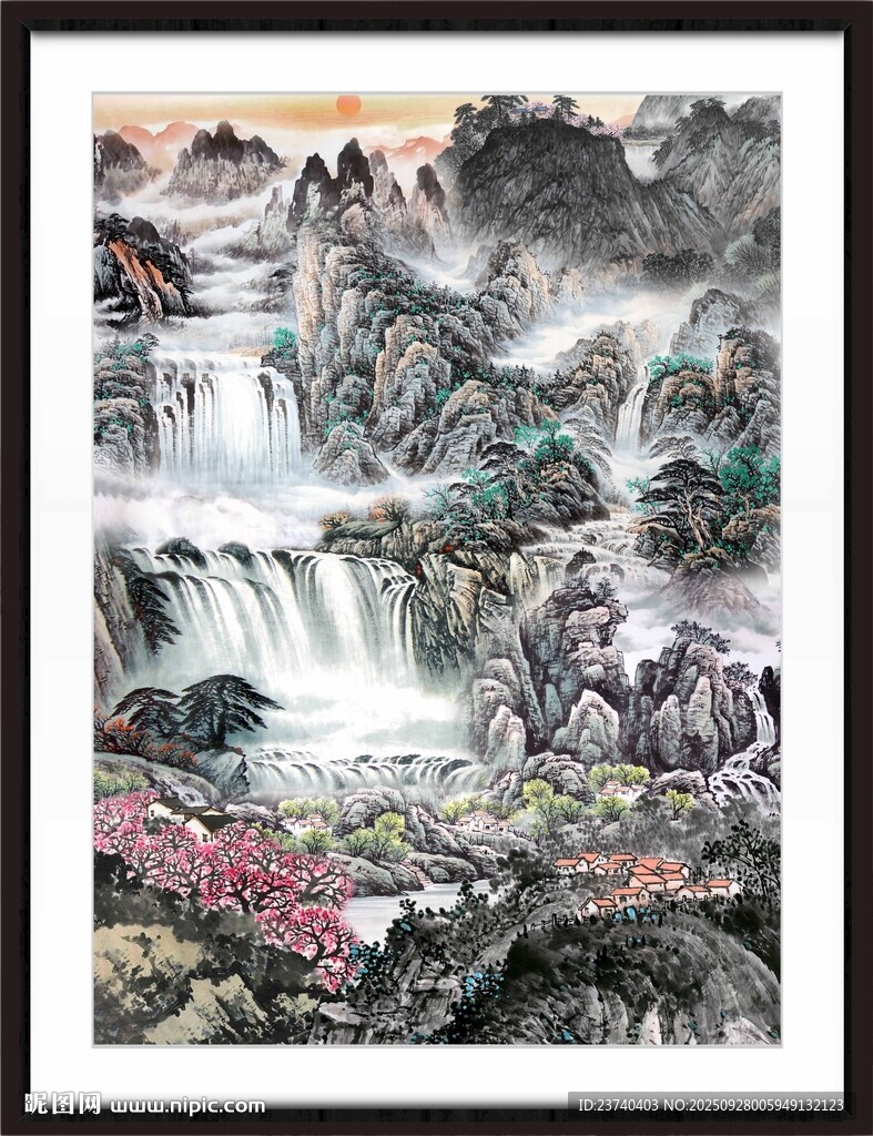 山水瀑布国画作品