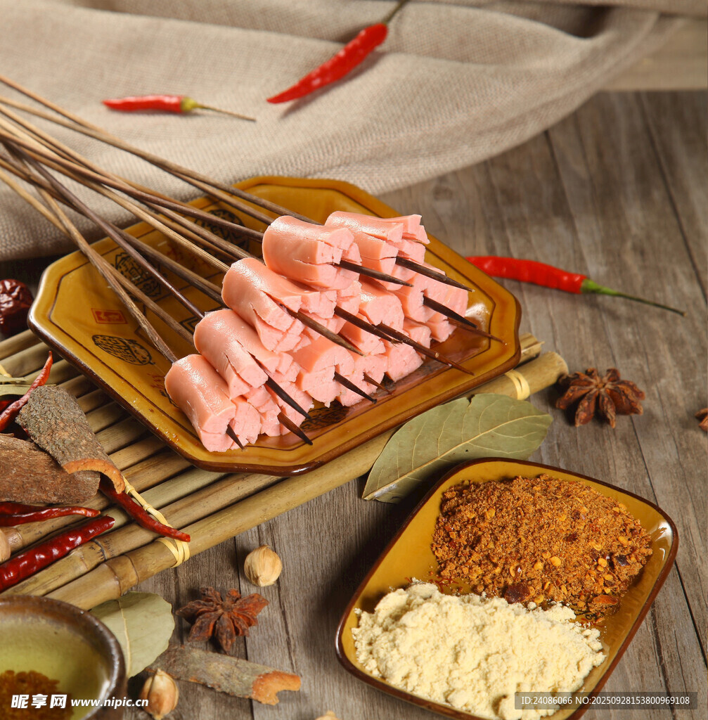 美味羊肉串食材与调料展示
