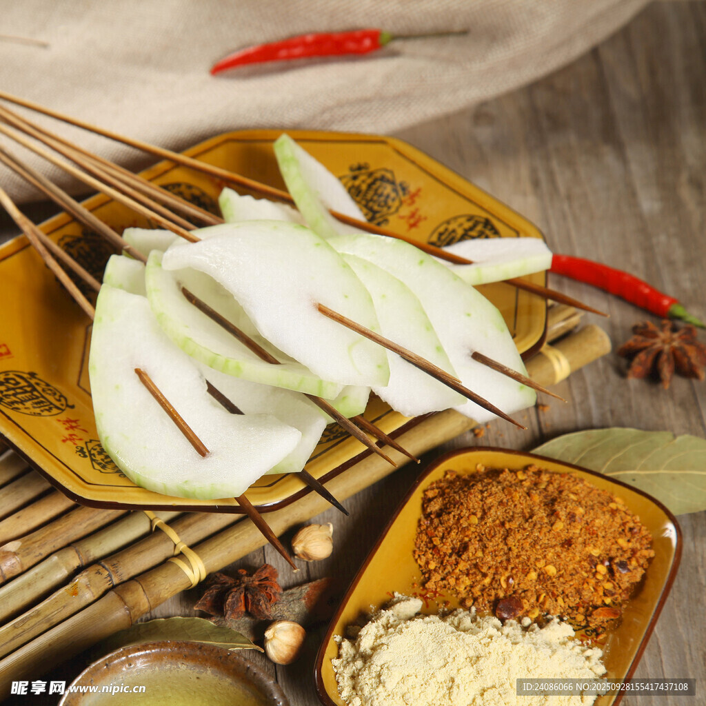 烤白菜串与调料佐料
