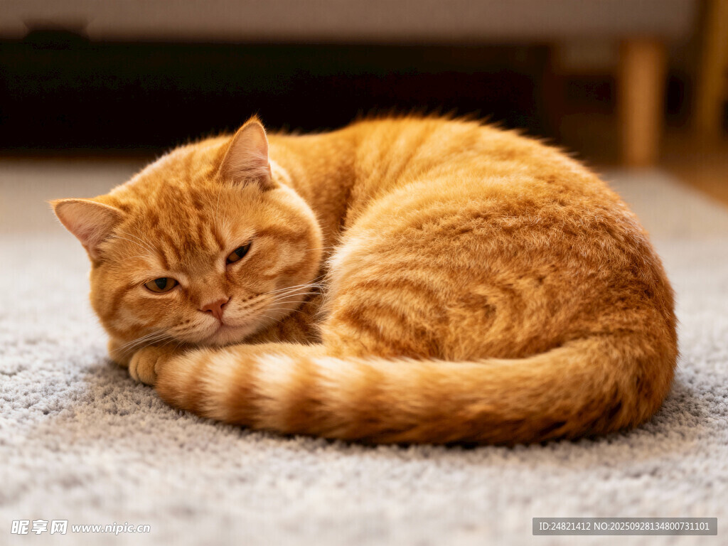 橘猫惬意蜷卧在地毯上