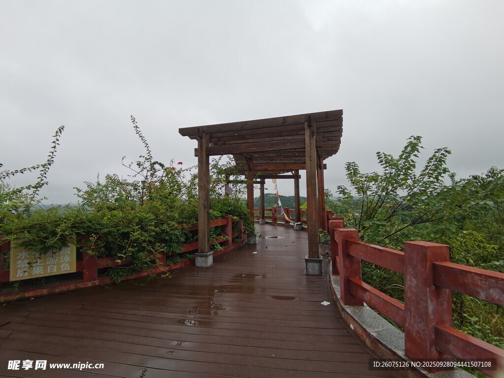 雨中木栈道凉亭景致