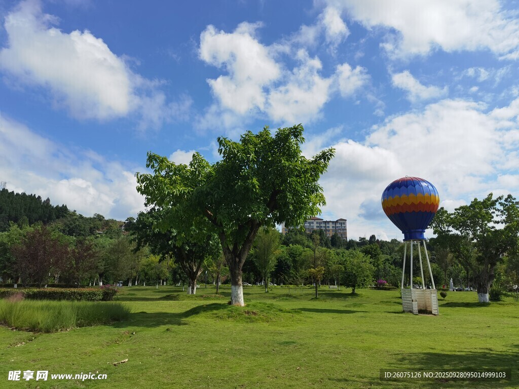 草地蓝天间的热气球景观