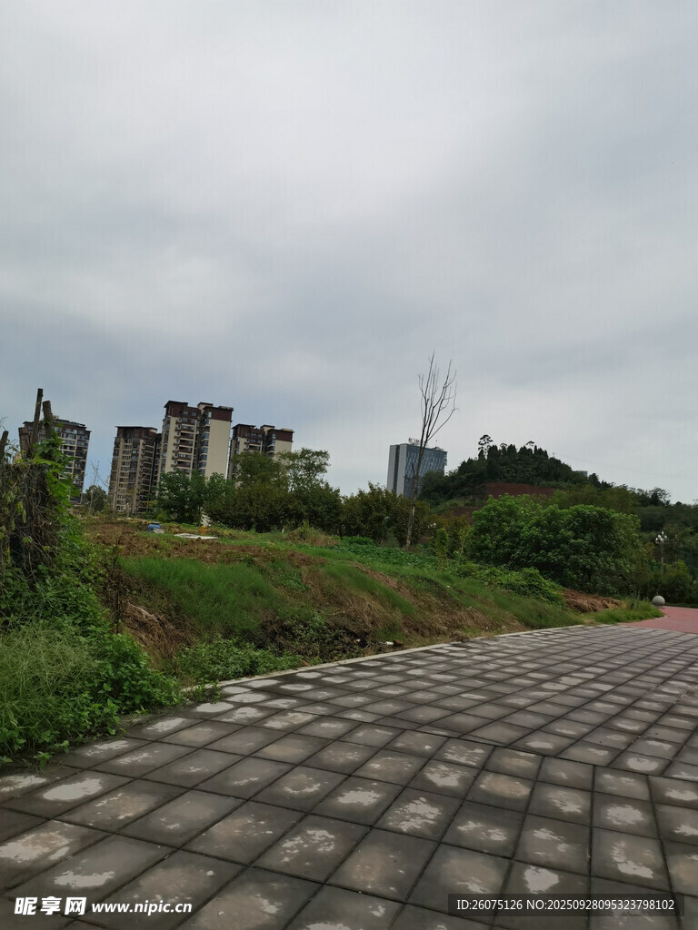 城郊石板路旁的建筑风景