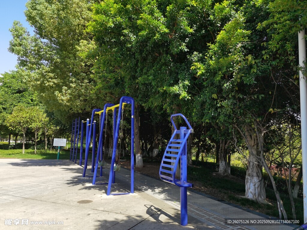 户外蓝色健身器材场景