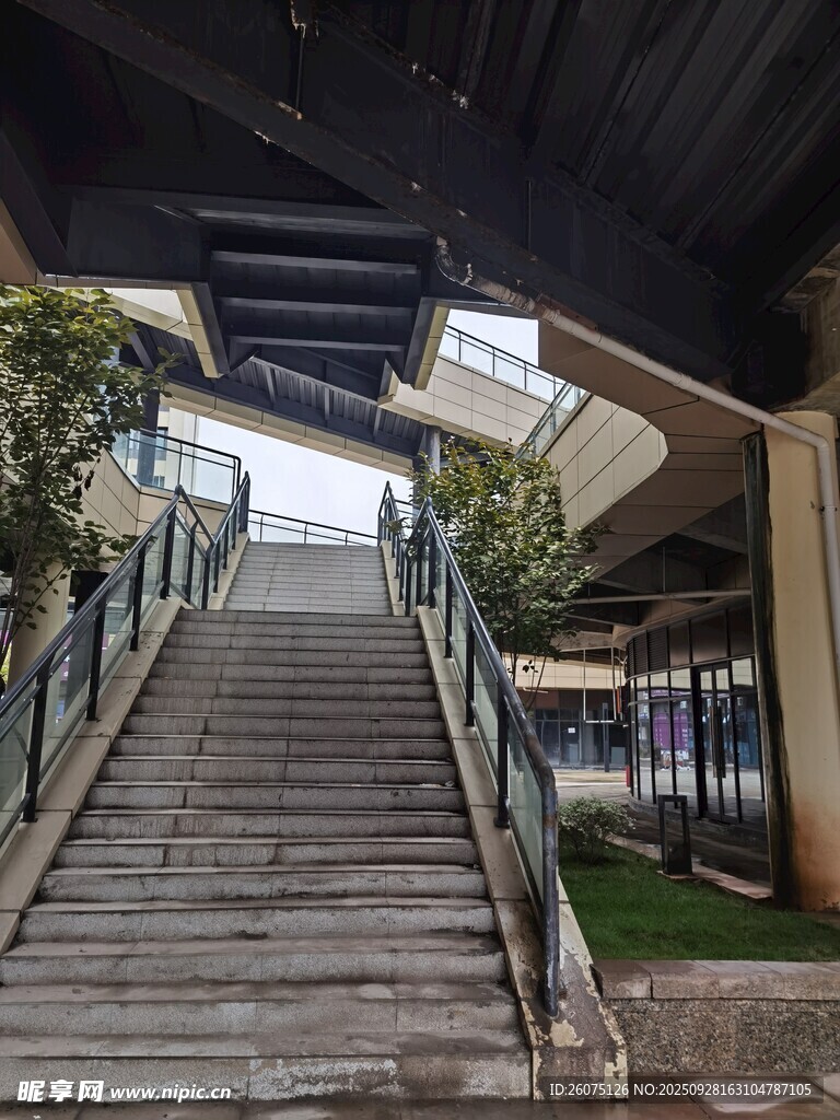 户外木质楼梯与绿植景观