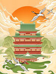 滕王阁国潮风手绘建筑插画