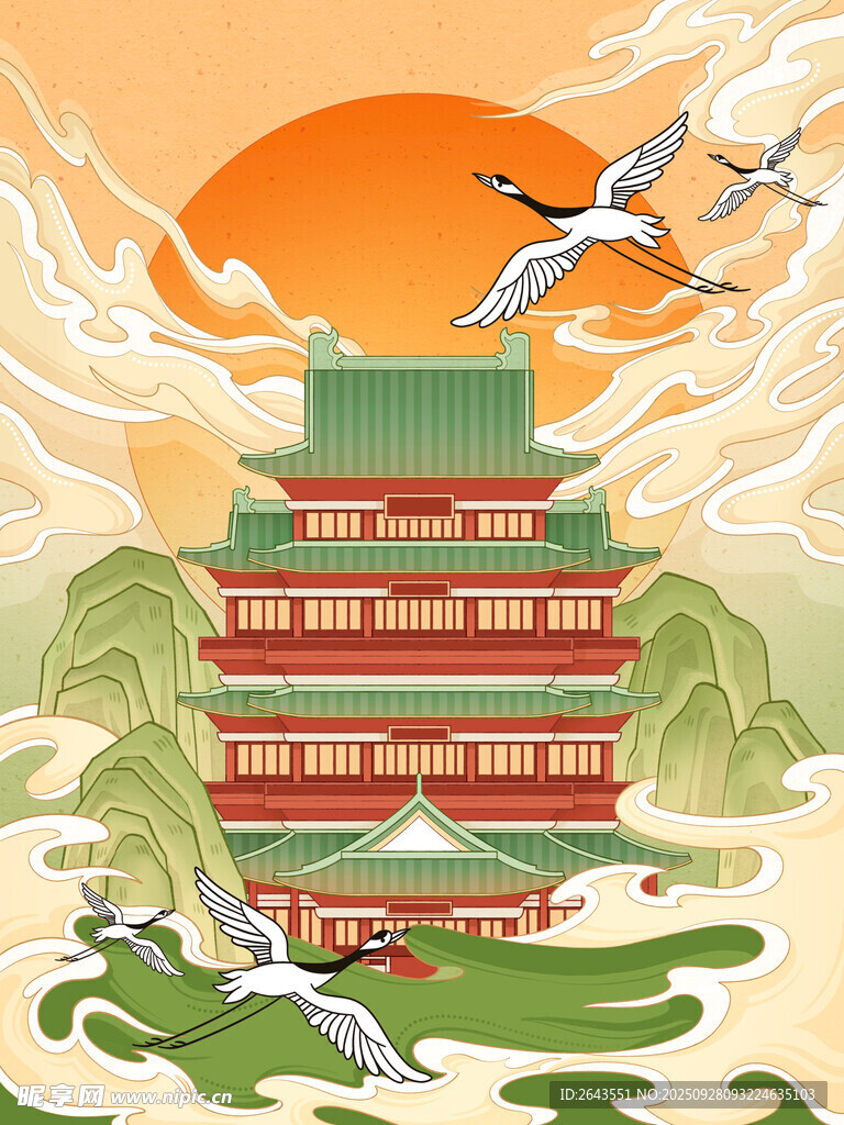 滕王阁国潮风手绘建筑插画