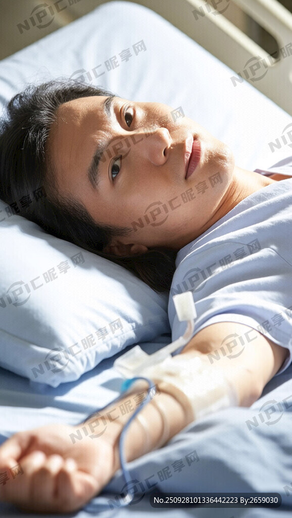 病人在病床上输液和输血浆的照片