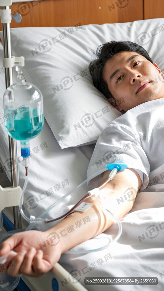 病人在病床上输液和输血浆的照片