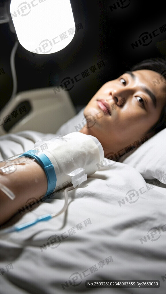 病人在病床上输液和输血浆的照片