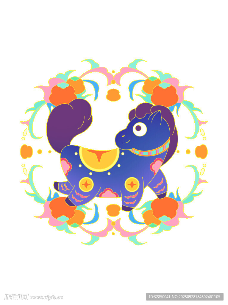 可爱蓝马插画花卉环绕