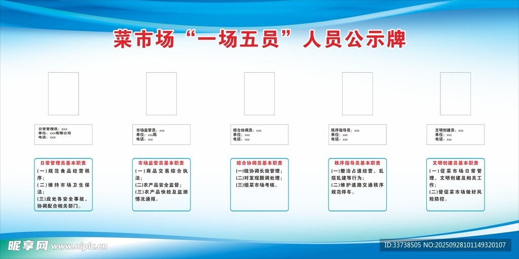 菜市场一场五员公示牌蓝色制度牌