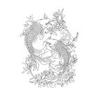双锦鲤花卉图案线稿