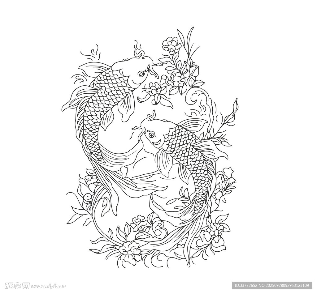 双锦鲤花卉图案线稿