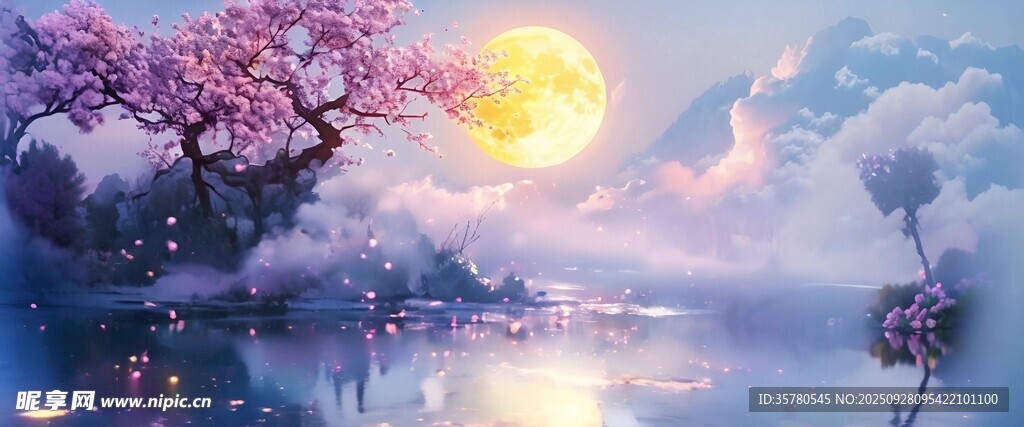梦幻月夜下的繁花湖畔景色