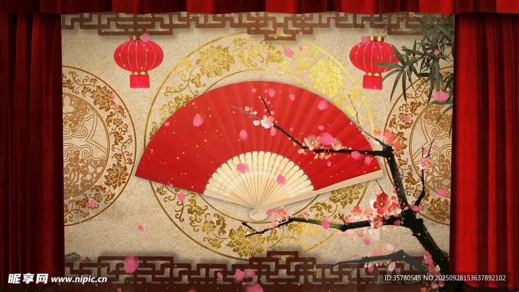 中式古典风红色扇形装饰画