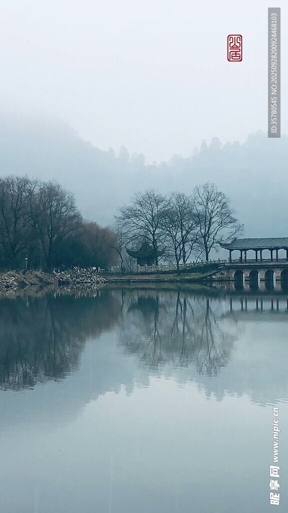 雾中湖畔景致
