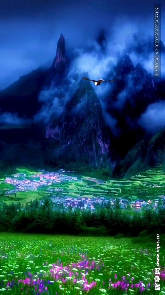 梦幻山间花海夜景