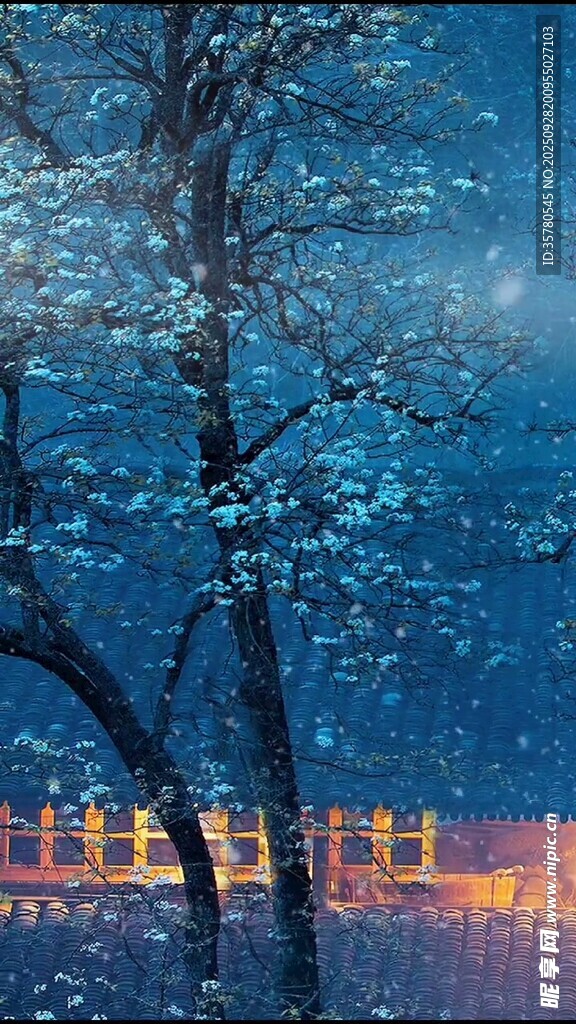 雪夜中的繁花树木与城市