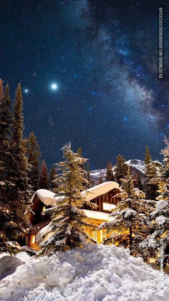 雪夜山间木屋的璀璨星空