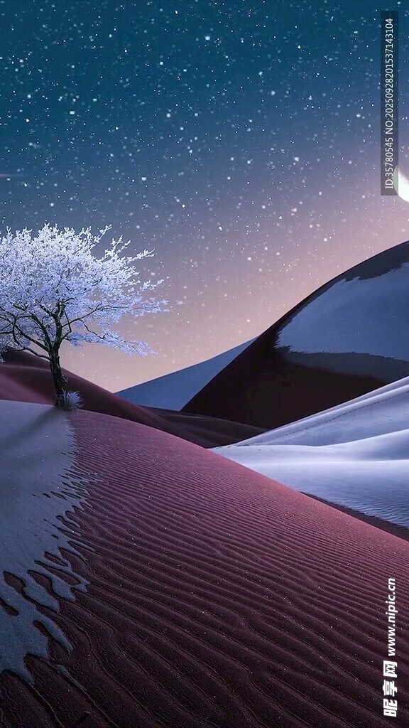 月夜沙漠孤树奇幻景象