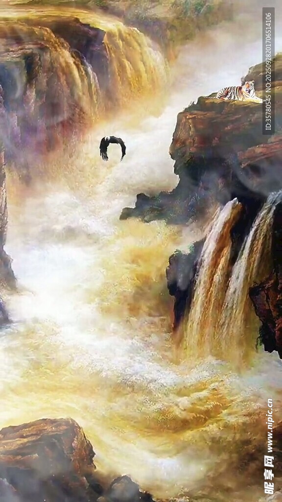 壮丽瀑布与翱翔飞鸟