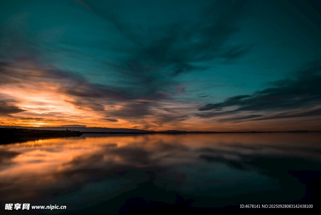 湖畔黄昏美景天空倒影如画