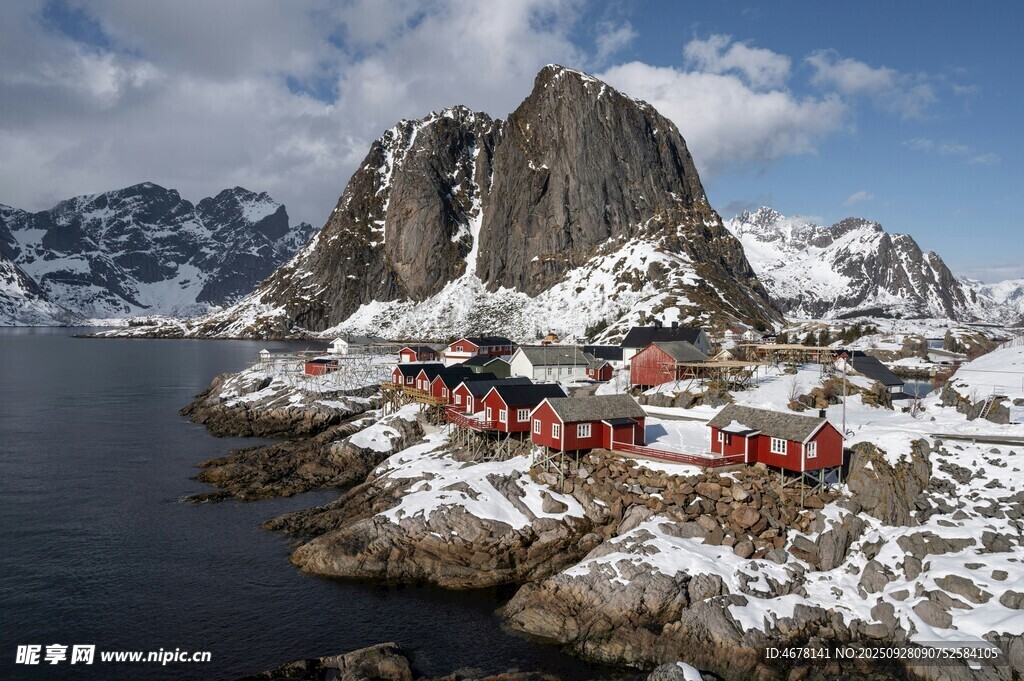 雪山下的红顶小屋美景