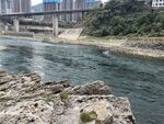 河边岩石与远处建筑景观