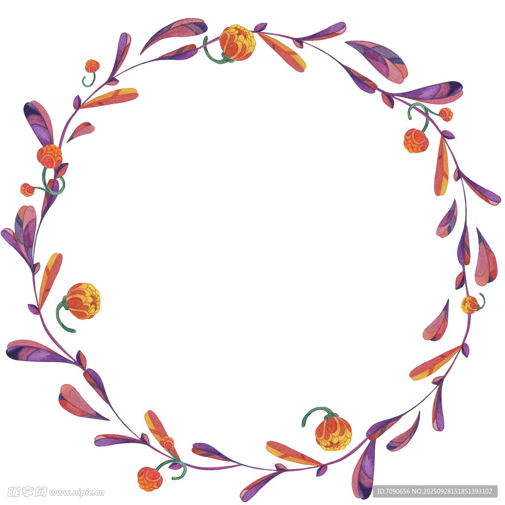 手绘秋季花卉花环 