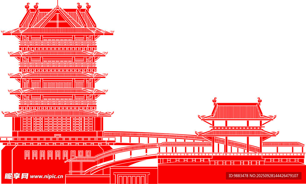 红色古风建筑剪影书圣阁临沂