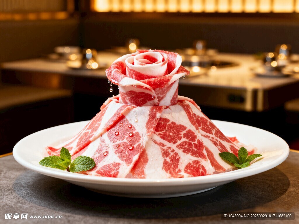 精致摆盘的鲜嫩牛肉卷