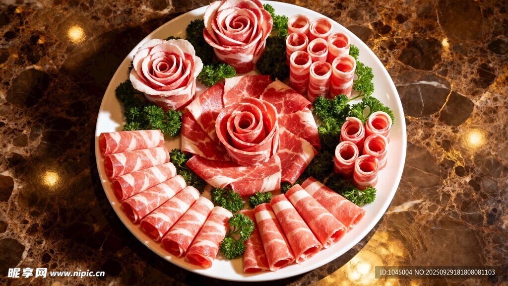 精美摆盘的玫瑰造型肉片