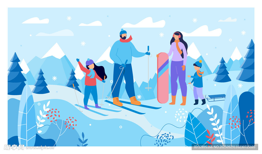 冬日家庭户外滑雪欢乐场景