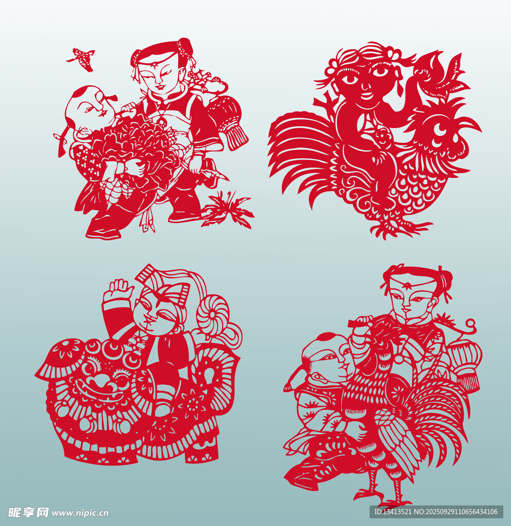 传统剪纸人物与动物图案