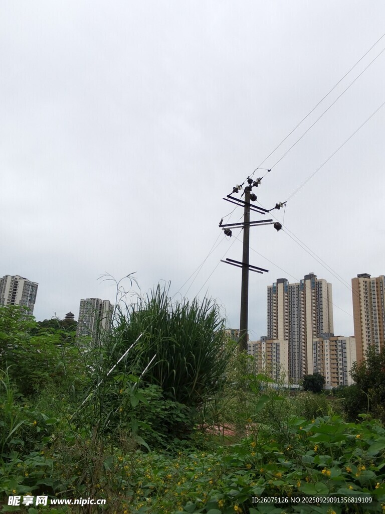 城郊电线杆与林立高楼