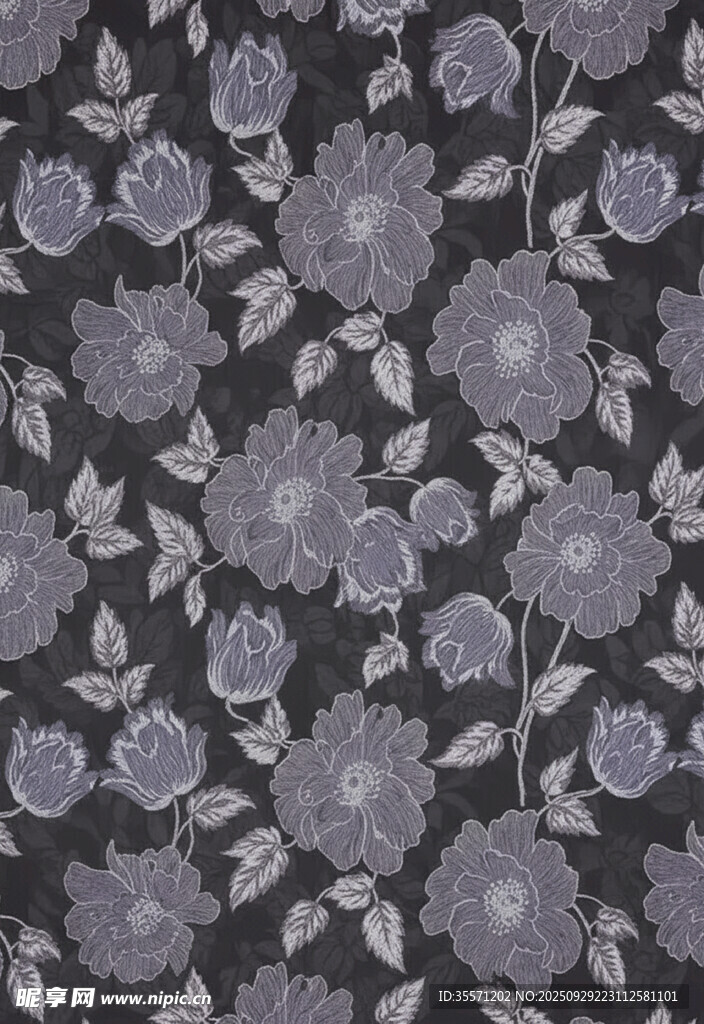 深灰底浅紫花卉图案布料