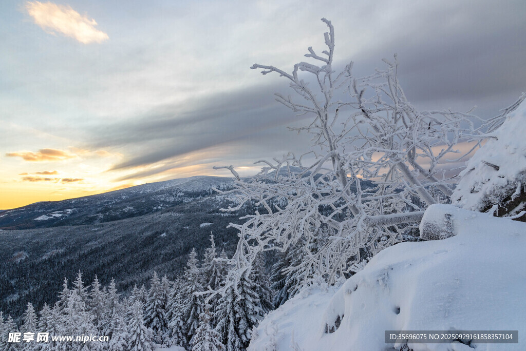 雪覆山林的壮丽日落景观