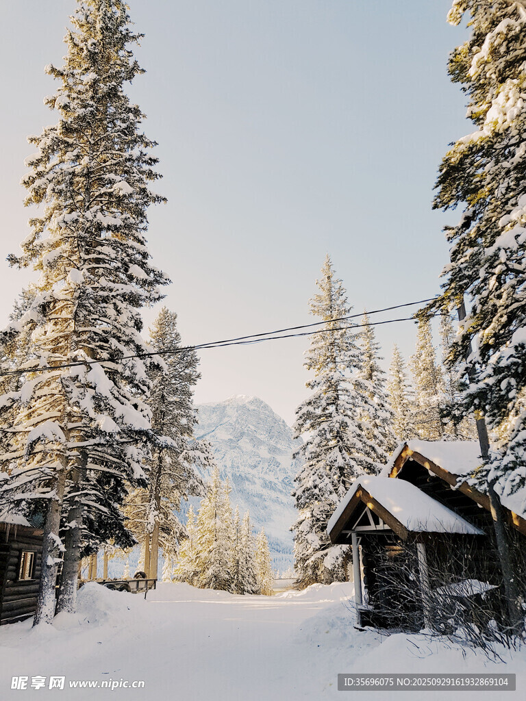雪覆山林中的木屋美景