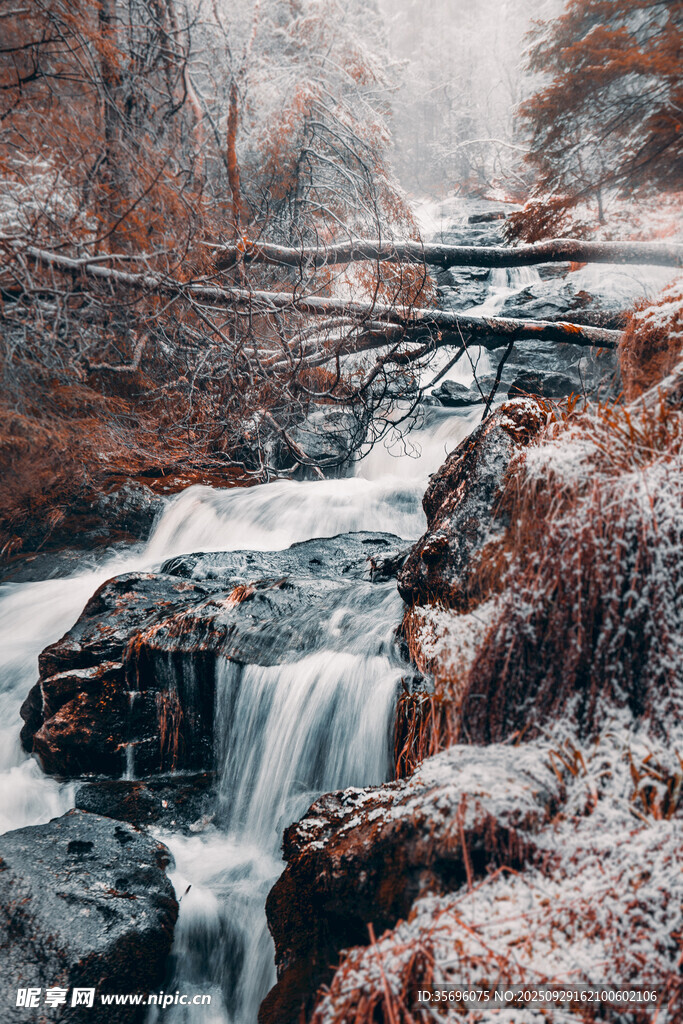 冬日山间溪流雪景