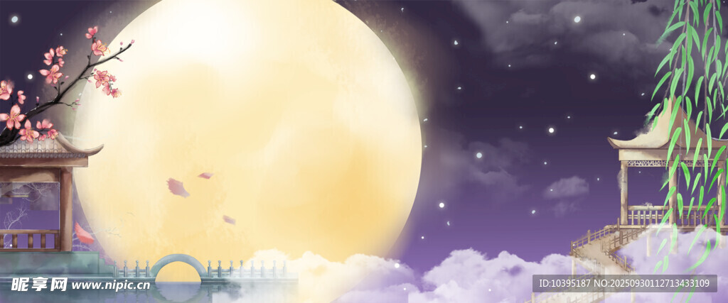 月夜美景梦幻中式庭院背景