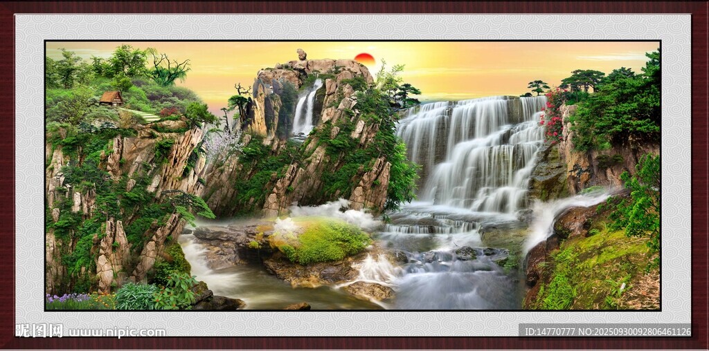 山水瀑布国画风景图