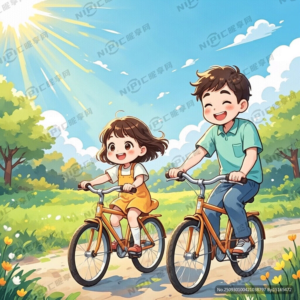 父女俩骑车野外骑行的画面